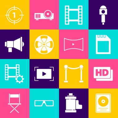 Set CD disk award in frame Hd movie tape SD card Play Video Film reel Megaphone Old film countdown and Online play video icon. Vector.