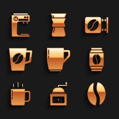 Kahve fincanı el yapımı kahve öğütücüsü Bag Sokağı tabelasını ve makine simgesini ayarlayın. Vektör.