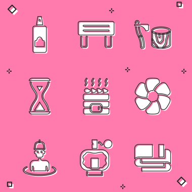 Saç spreyi için sprey kutusu sauna ahşap baltayı kütük kum saati sıcak sauna taşlarına çiçek adam ve tıraş losyonu ikonuna yerleştir. Vektör.