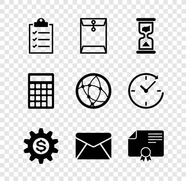 Set Clipboard Checklist Envelope Old Hourglass Gear Dollar Symbol Certificate — Archivo Imágenes Vectoriales