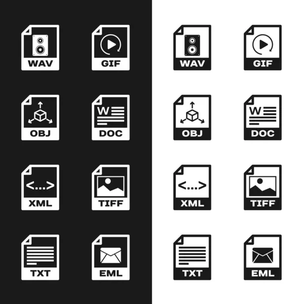 Stel Doc Bestand Document Obj Wav Gif Xml Tiff Pictogram — Stockvector