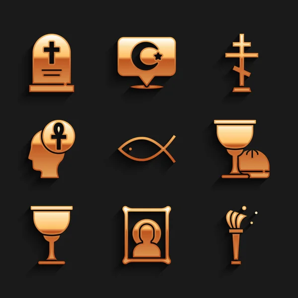 Set Christian Fish Icon Aspergillum Holy Grail Chalice Cross Ankh — Stockvektor