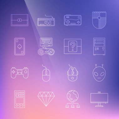 Satır bilgisayar monitörü Alien Mobile 'i ayarla ve oyun konsolunda Chest ve Mystery rastgele kutu simgesi ile oyun kartı oynat. Vektör.