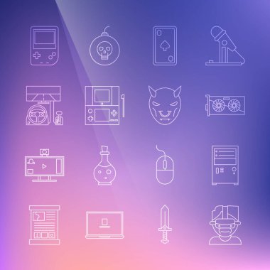 Sanal gerçeklik gözlükleri bilgisayar video kartı, elmas taşınabilir video oyun konsolu yarış simülatörü kokpiti ve şeytan boynuzu ikonunun maskesi ile oynanıyor. Vektör.