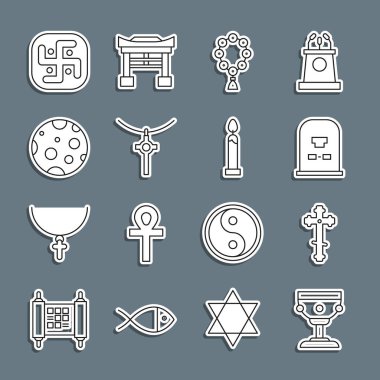 Hristiyan Kadehi, Tombstone 'u RIP yazılı tespih, din zinciri Moon Jainizm ve yanan mum ikonu ile geçti. Vektör.