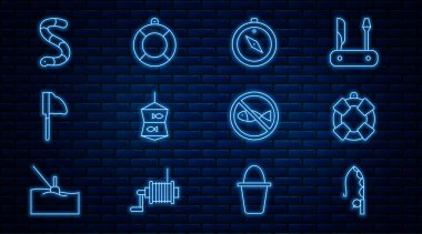 Olta oltası Lifebuoy Pusula ağını balık solucanı ve ikon olmadan kurun. Vektör.