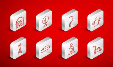 Çim biçme makinesi Ağaç Sulama Kutusu Çiftlik Evi Ekmek Ekmeğini ve Bahçe Yapımı El Yapımı Makas ikonunu yerleştirin. Vektör.