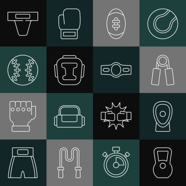 Çizgiyi Kettlebell Boks antrenman patileri spor genişletme Amerikan futbol kaskı Baseball Kasık koruması ve kemer ikonu. Vektör.