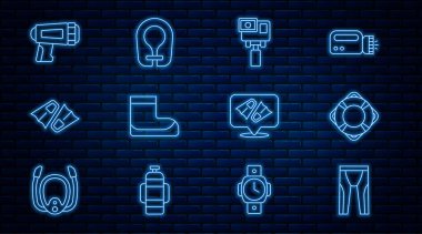 Tüplü dalış Lifebuoy Action için halat açın. Ekstrem kamera Boots Flippers, Flashlight dalgıcı ve ceket ikonu yüzüyor. Vektör.