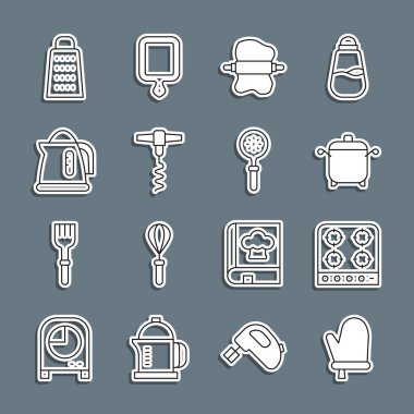 Fırın eldiveni ocağı fırın fırını hamur mantarı, şarap tirbuşonu elektrikli ısıtıcı ve Spatula ikonu. Vektör.