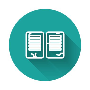 Beyaz çizgi Emir simgesi uzun gölgelerle izole edilmiş. Tanrılar hukuku kavramı. Yeşil daire düğmesi. Vektör İllüstrasyonu.