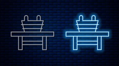 Duvarda izole edilmiş kova ikonu olan parlak neon bankı. Vektör.