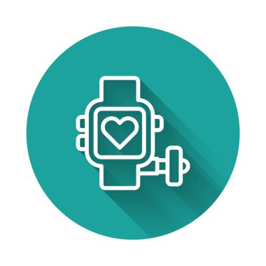 Beyaz çizgi Akıllı saat kalp atış hızı simgesini uzun gölge arkaplanı ile izole ediyor. Fitness uygulaması konsepti. Yeşil daire düğmesi. Vektör.