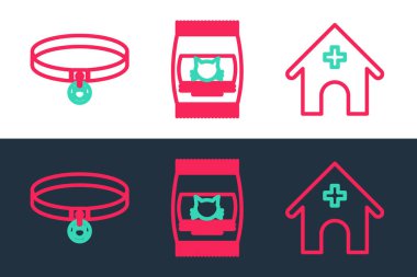 Veterinerlik hastanesi kedi tasması ve kedi ikonu için yiyecek torbası ayarla. Vektör.