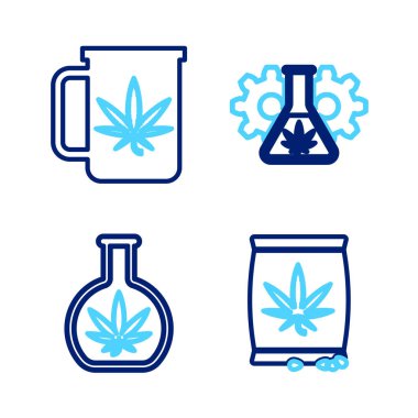 Marihuana ya da kenevir tohumlarını marihuana ve kupa çay ikonu ile test tüpüne yerleştir. Vektör.