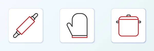 Set Line Cooking Pot Rolling Pin Oven Glove Icon Vector — ストックベクタ