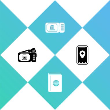 Tren bileti, kapak kitabı seyahat rehberi, müze ve şehir haritası simgesi bilgileri. Vektör.