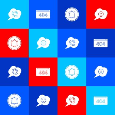 Konuşma baloncuğunu telefonla ayarla, sayfa 404 hatası, düğme sohbet tebligatı ve kızgın gülümseme ikonu. Vektör.