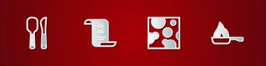 Set Knife and spoon, Paper or financial check, Cheese and Frying pan icon. Vector.