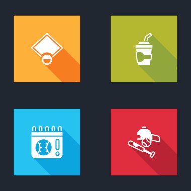 Beyzbol sahası, su dolu kağıt bardak, takvim beyzbol maçı ve beyzbol topu, şapka ikonu. Vektör.