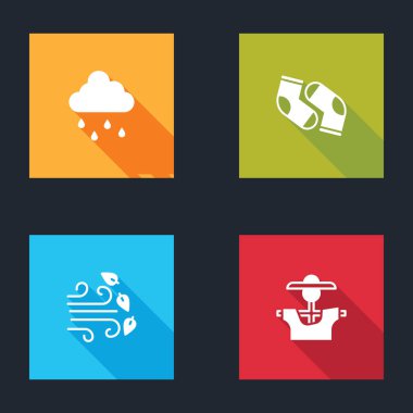 Bulut 'u yağmurlu rüzgarlı hava ve korkuluk ikonu ile ayarla. Vektör.