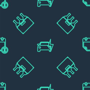Set line Electric car, Bottles of wine in box and Calendar and clock on seamless pattern. Vector.