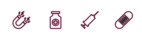 Set Line Magnet Lightning Syringe Medicine Bottle Bandage Plaster Icon — стоковый вектор