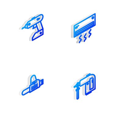 Isometric hattı klima, elektrik kablosuz tornavida, elektrikli testere ve çekiç matkap ikonu ayarla. Vektör.