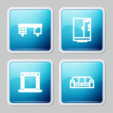 Set line Office desk, Shower cabin, Makeup mirror with lights and Sofa icon. Vector.