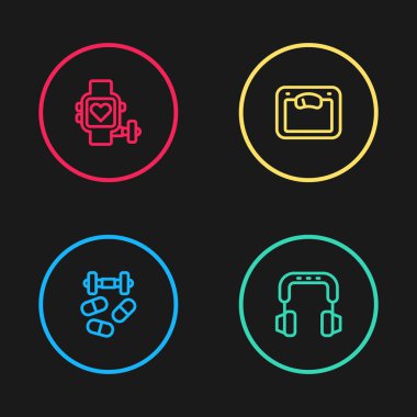 Set line Sports doping with dumbbell, Headphones, Bathroom scales and Smart watch heart icon. Vector.