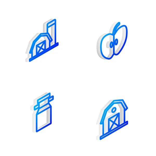 Set Isometrische Linie Apple Bauernhaus Dosenbehälter Für Milch Und Symbol — Stockvektor