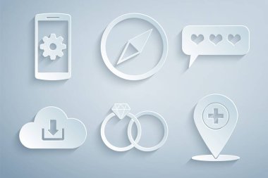 Evlilik yüzüklerini ayarla, kalp gibi, bulut indirme, çapraz tıbbi konum, rüzgar yükseldi ve akıllı telefon simgesi ayarlandı. Vektör