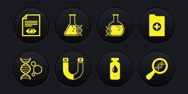 Genetik mühendisliği, klinik kayıtları, mıknatıs, tıbbi şişe, ampul, DNA araştırması, arama ve ikon. Vektör