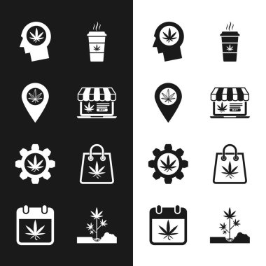 Set Online 'dan esrar, konum ve profil alma, kupa kahve, test tüpü, alışveriş torbası, bitki dikme ve takvim ikonu. Vektör