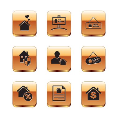 Set House with heart shape, percant, contract, Realtor, under protection, Hanging sign Open house, dollar and For Rent icon. Vector