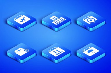 Teslimat paketini şemsiye, uçak ve karton kutu, karton trafik, konum ve simge ile ayarla. Vektör