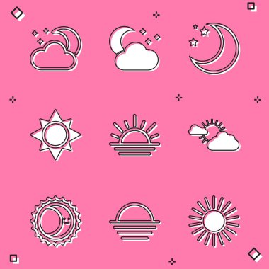 Ay ve yıldızlı Bulut 'u, Ay' ı, Güneş 'i, Günbatımını, Bulut' u, Güneş tutulmasını ve ikonu. Vektör