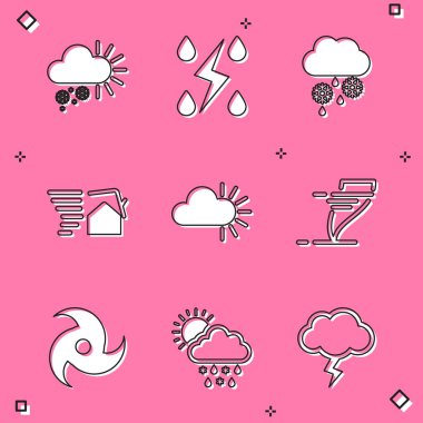 Bulutlu 'yu karla, fırtınayla, yağmurla, kasırgayla ve güneş ikonuyla donat. Vektör