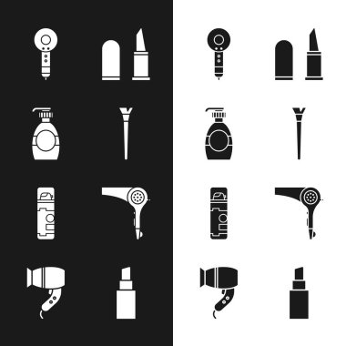 Makyaj fırçası, bir şişe sıvı sabun, saç kurutma makinesi, ruj, tıraş jeli köpüğü ve ikon. Vektör