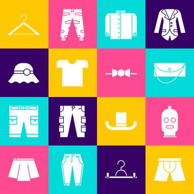 Set Men iç çamaşırı, kar maskesi, debriyaj çantası, tişört, kadın şapkası, elbise dolabı ve papyon ikonu. Vektör