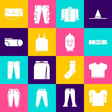 Uzun kollu gömlek, tişört, deri kemer, kolsuz, spor çoraplar, debriyaj çantası ve kar maskesi. Vektör