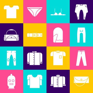 Debriyaj çantası, pantolon, sutyen, deri kemer, spor, tişört ve Noel eldiveni ikonu. Vektör