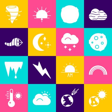 Dünya 'yı ve güneşi, Gökkuşağını, Ay' ı, yıldızları, koni meteoroloji rüzgar gülünü, Kasırgayı ve kar ikonlu Bulut 'u ayarla. Vektör