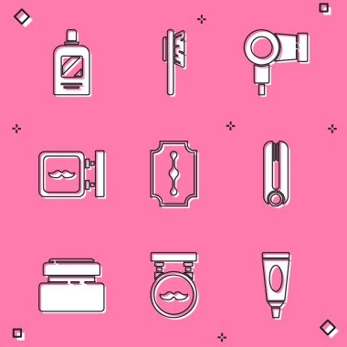 Şampuan, saç fırçası, kurutucu, berber dükkanı, jilet, saç maşası, krem losyon kozmetik tüp ve ikon. Vektör