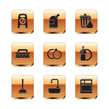 Yerleri ıslatın ve temizlik devam ediyor. Plastik pompa, musluklu lavabo, bulaşıklar, bulaşık fırçası, çöp torbası, bulaşık makinesi ve şişe ajansı ikonu. Vektör