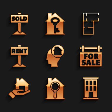 Set Man dreaming about buying house, Search, House, Hanging sign with For Sale, Realtor, Rent, plan and text Sold icon. Vector