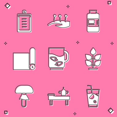 Panoyu kontrol listesi, akupunktur terapisi, Kolajen serumu, Fitness paspas rulosu, bir fincan çay ve yaprak, bitki, mantar ve masaj masası yağ ikonu ile ayarla. Vektör