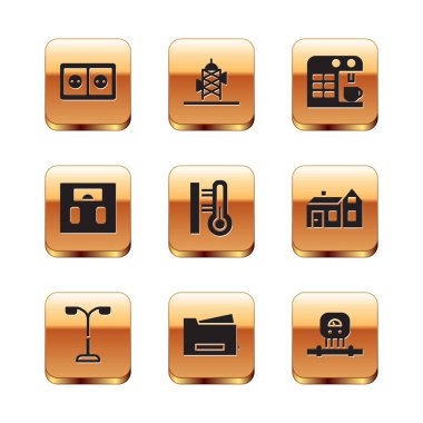 Elektrik prizi, sokak lambası, yazıcı, meteoroloji termometresi, banyo terazisi, kahve makinesi, akıllı sensör ve anten simgesi ayarla. Vektör