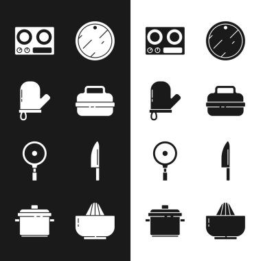 Set tenceresi, fırın eldiveni, gaz ocağı, kesme tahtası, tava, bıçak, meyve sıkacağı ve ikon. Vektör