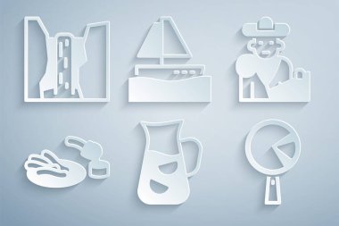 Sangria, Bullfight, matador, Churros ve çikolata kızartma tavasında omlet, yat yelkenlisi ve Algar şelalesi ikonu. Vektör